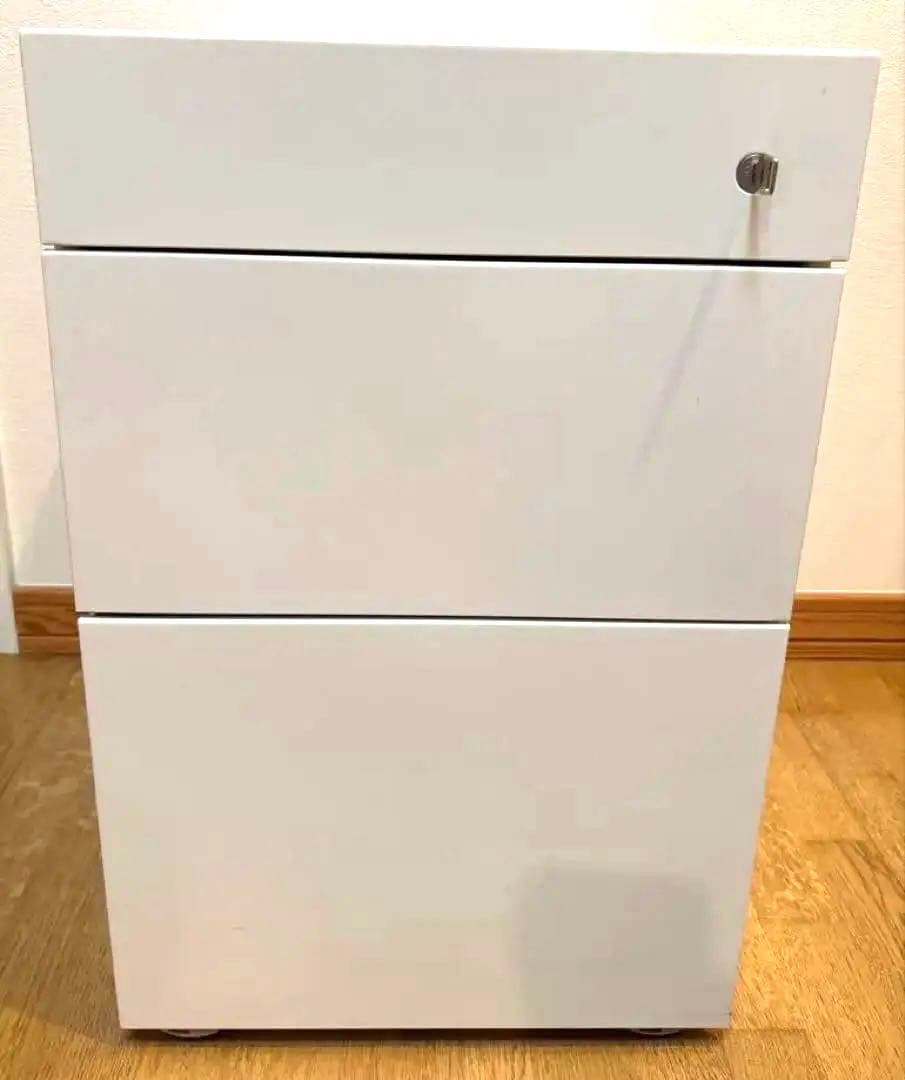 ホワイト 3段引き出しキャビネット 鍵付き