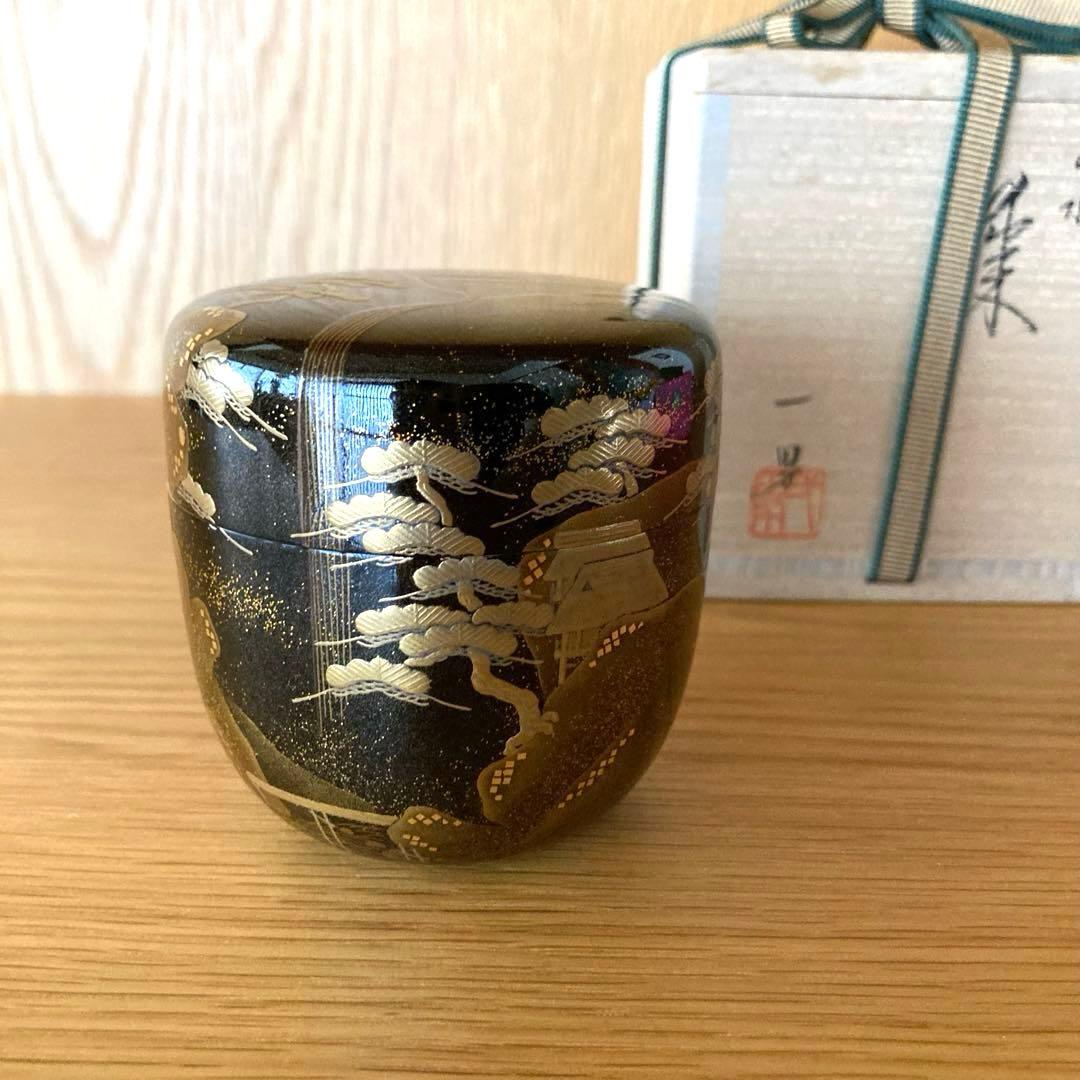 【茶道具】　棗　輪島塗　山水滝蒔絵図　坂一男作　美品