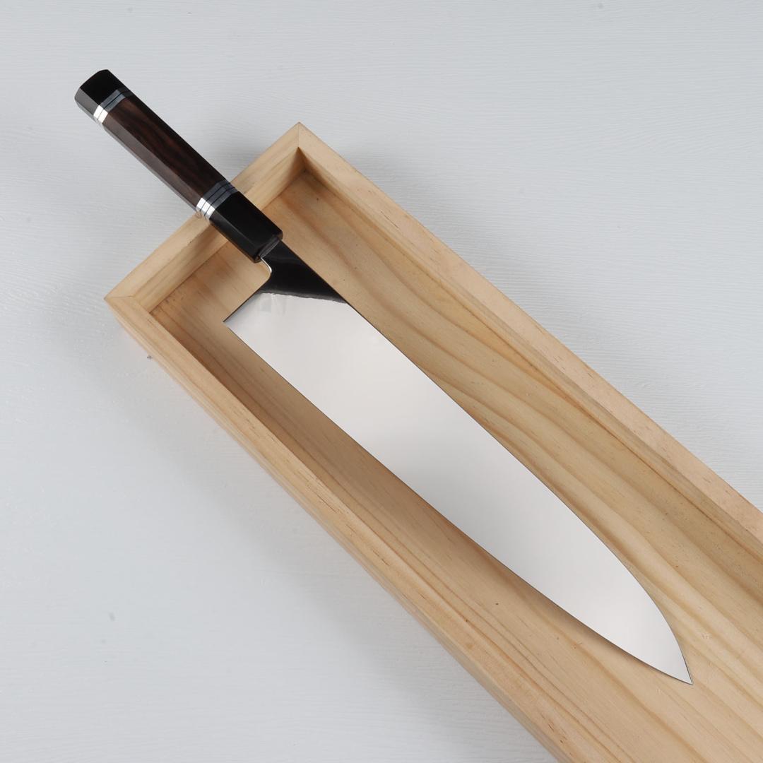 7643 大牛刀 尺 ウルトラ鏡面仕上げ 刺身包丁 両刃包丁 黒檀黒水牛角八角柄