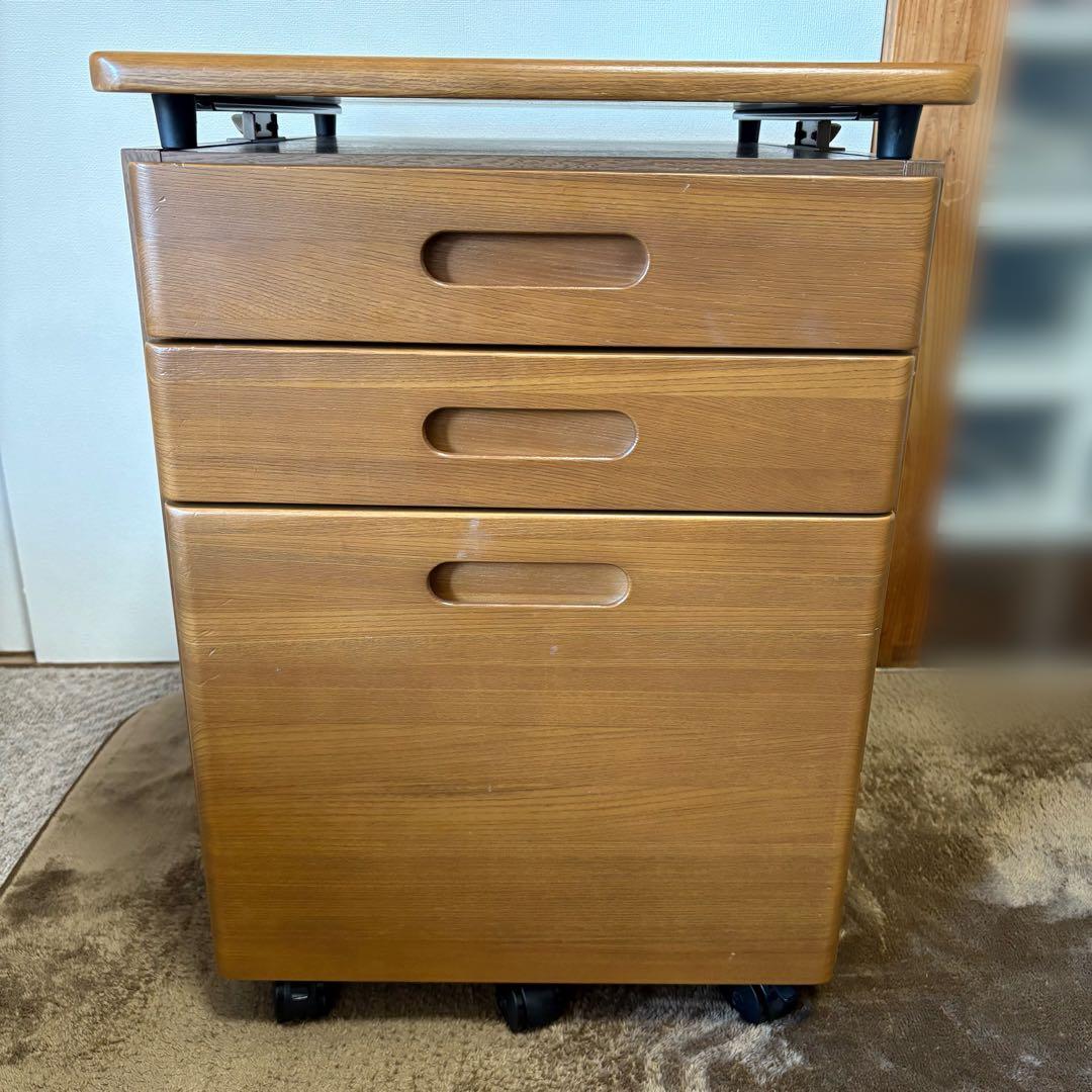 【ヒカリサンデスク(光製作所)】木製学習机+デスクワゴン+キャスター付きチェア