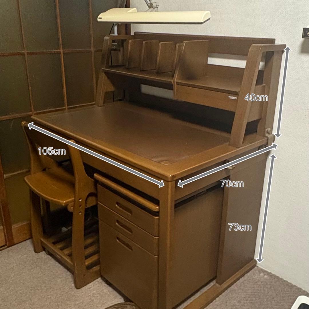 【ヒカリサンデスク(光製作所)】木製学習机+デスクワゴン+キャスター付きチェア