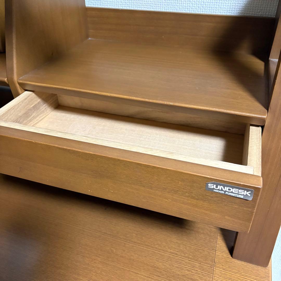 【ヒカリサンデスク(光製作所)】木製学習机+デスクワゴン+キャスター付きチェア