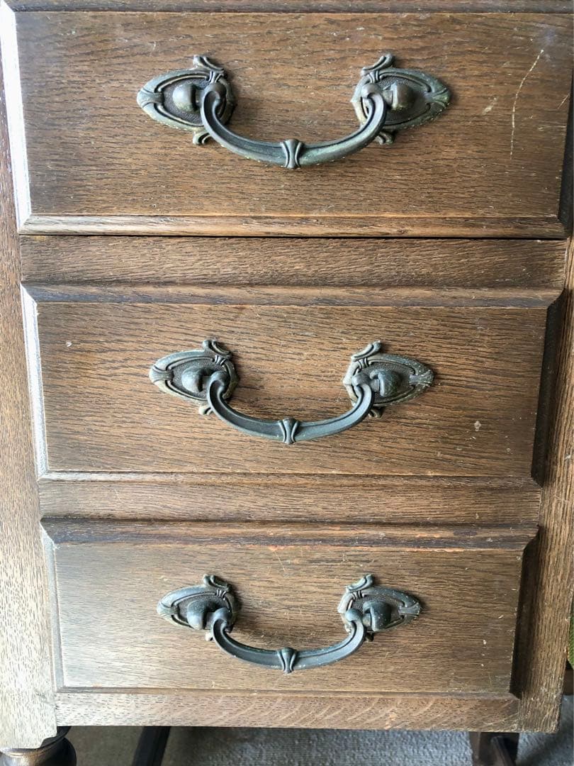 三面鏡 ドレッサー　鏡台　化粧台　ナラ材　天然木　ガラス天板　ヴィンテージ