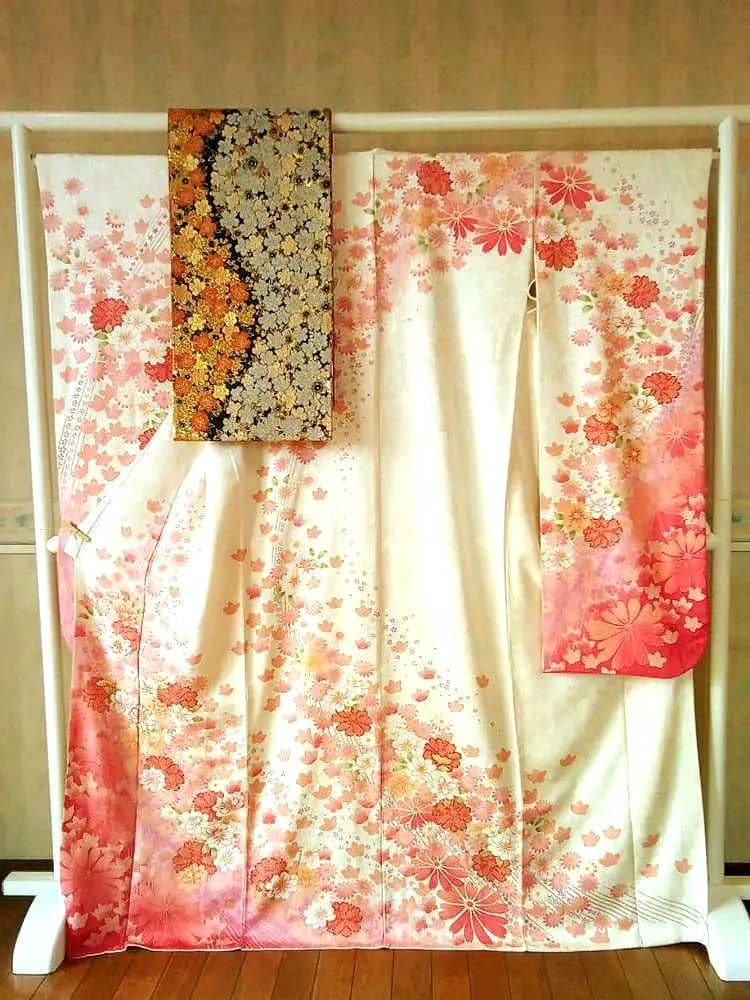 5157 振袖帯2点セット　正絹 白 オレンジ　成人式結婚式卒業式