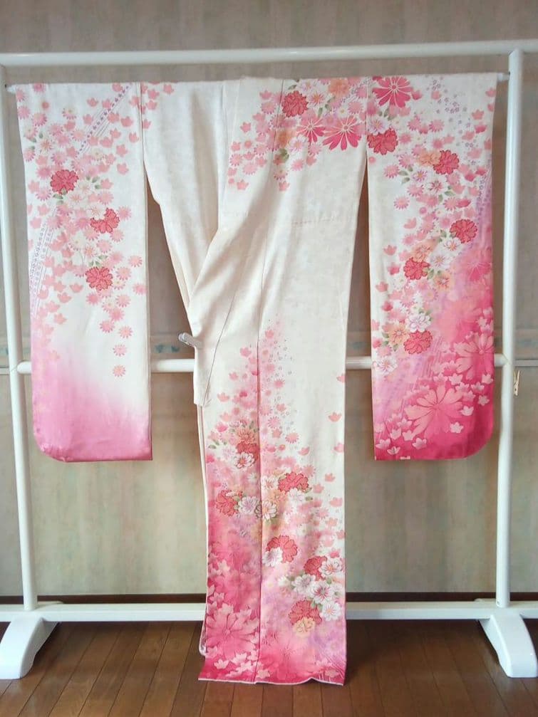 5157 振袖帯2点セット　正絹 白 オレンジ　成人式結婚式卒業式