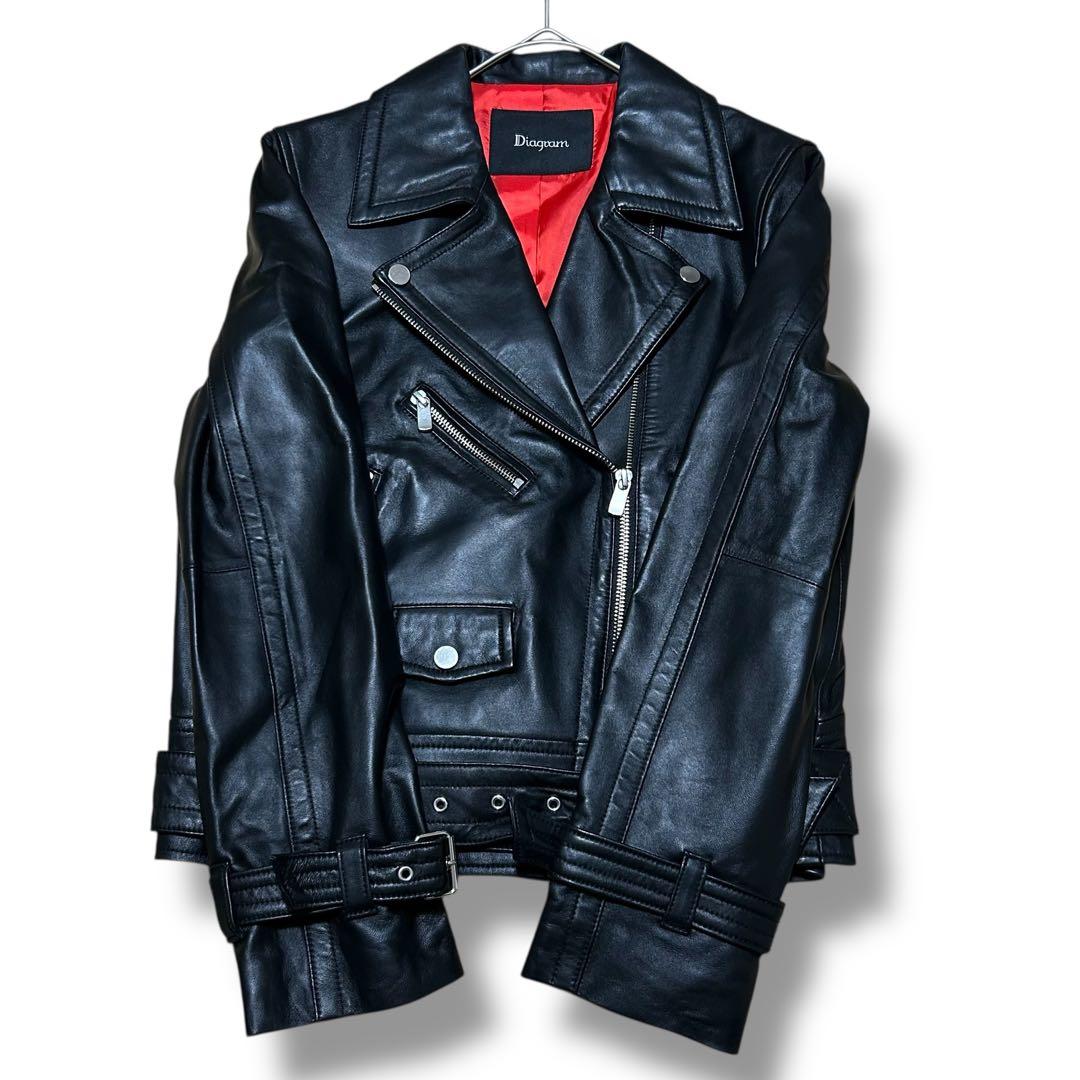 美品 Diagram ダイアグラム ダブルライダースジャケット ラムレザー 羊革
