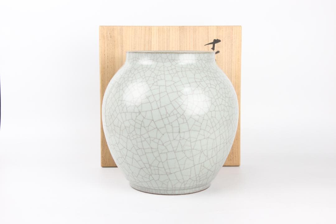 日本美術　藤田和廣作　青磁花瓶　共箱　未使用　陶芸工房「久玲居」 ED11-19