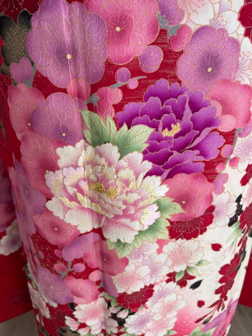 可愛い♡振袖フルセット（７点）　正絹　成人式　白・赤系