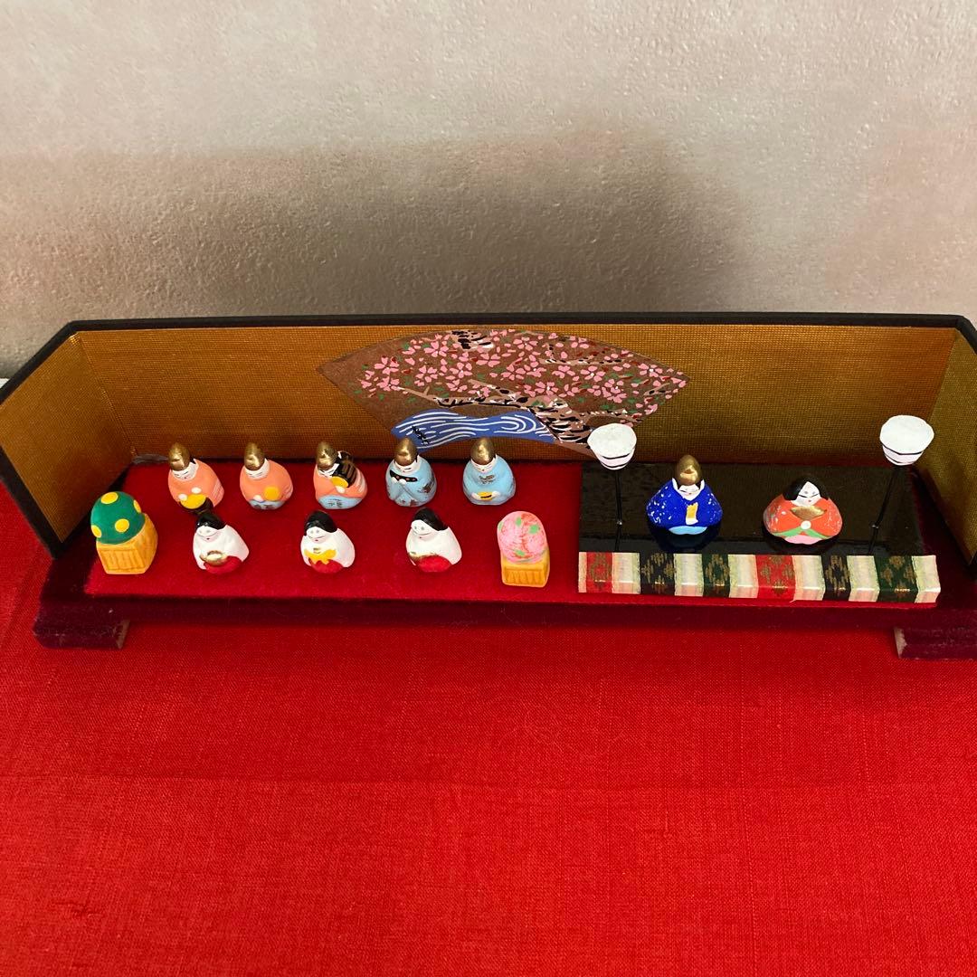 ひな祭り　希少　豆雛　紬の敷物　花入