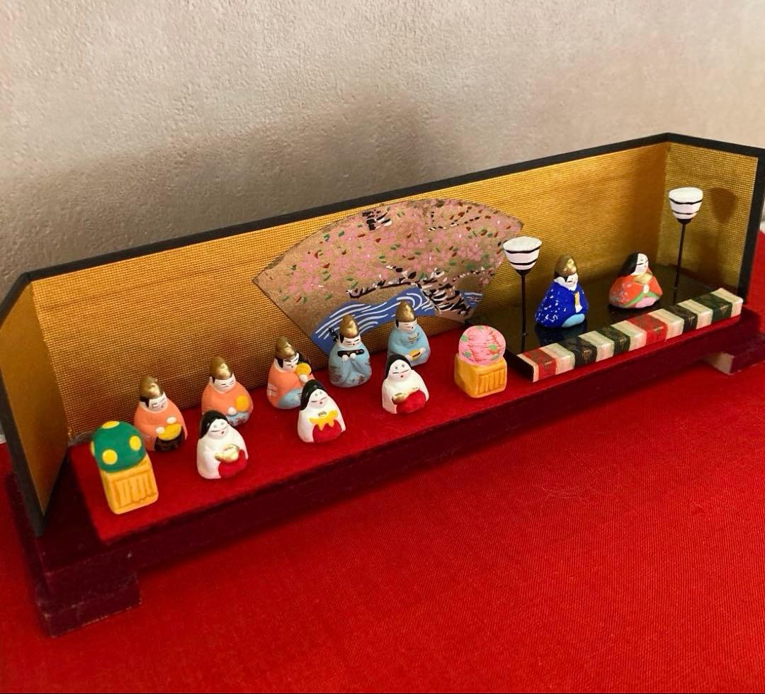 ひな祭り　希少　豆雛　紬の敷物　花入