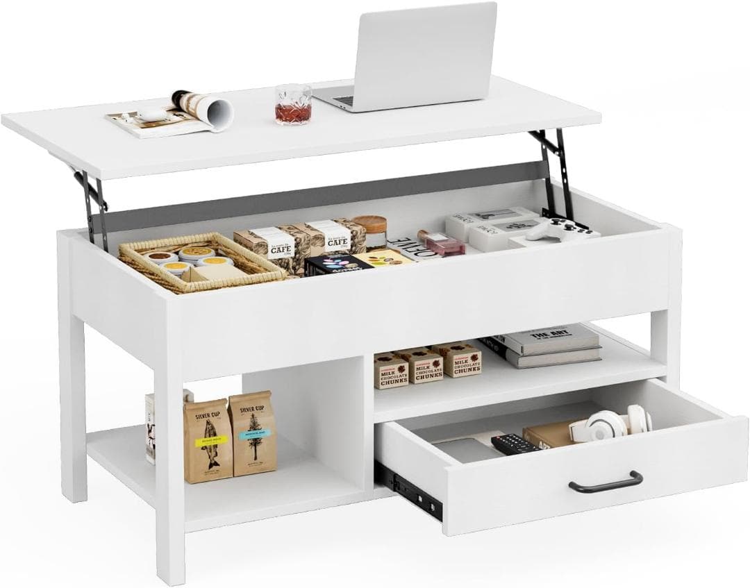 ホワイト☘️ローテーブル 昇降式 木製 コーヒーテーブル 引き出し付き テーブ