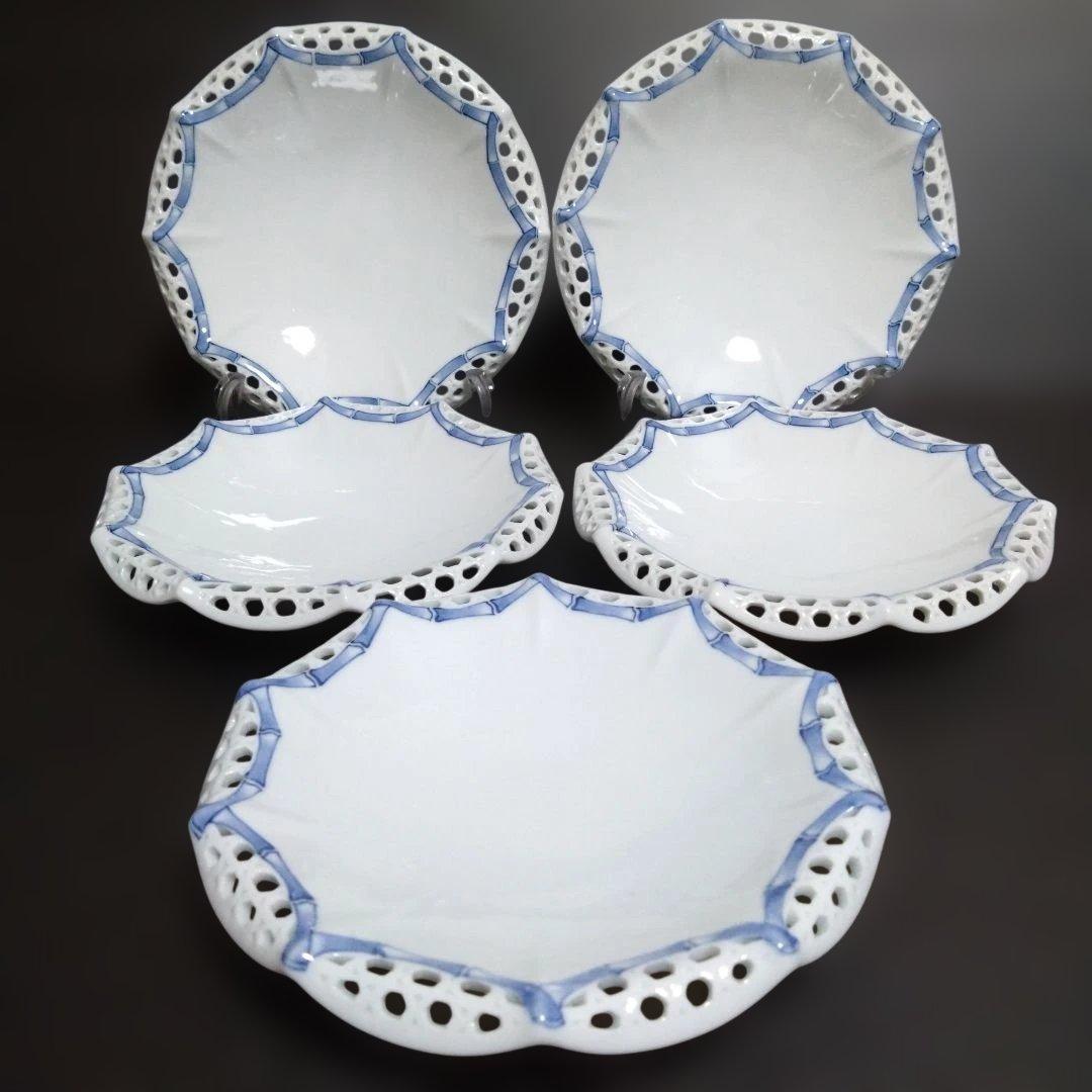 新品 三川内焼 十四代玉泉窯 透水彫 中皿5枚　お祝い