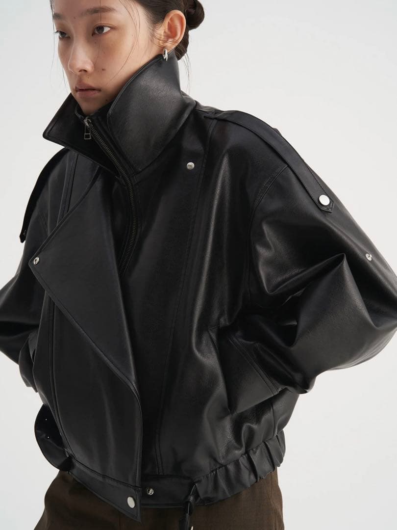 Venica Carven スタンドカラーレザーブルゾン　ブラック