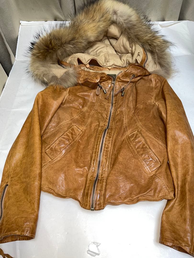 セール！goaゴア ラクーンファー付羊革レザージャケット中古キャメル