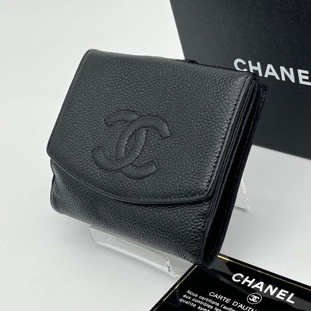 CHANEL 二つ折り財布 ココマーク キャビアスキン Wホック カード、箱付き