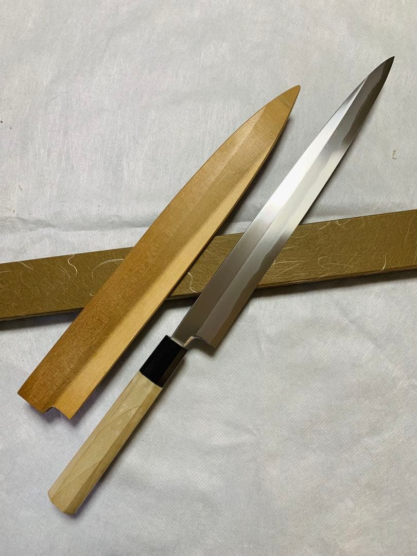 堺打刃物　刺身 柳刃　包丁　青鋼　本鍛錬　水牛八角柄　鞘付き