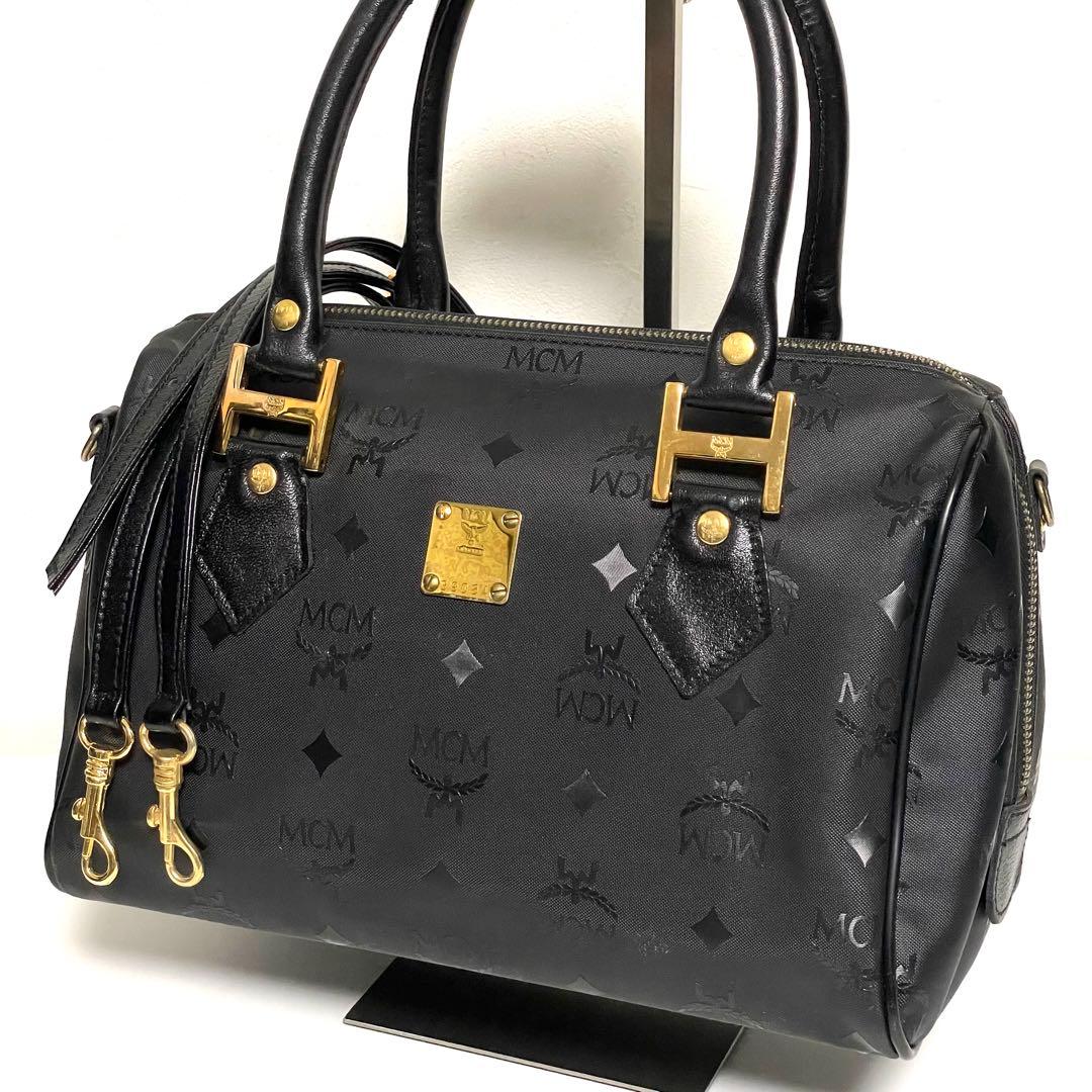 ✨極美品✨MCM エムシーエム PVC×レザー ミニボストンバッグ 斜め掛け 黒