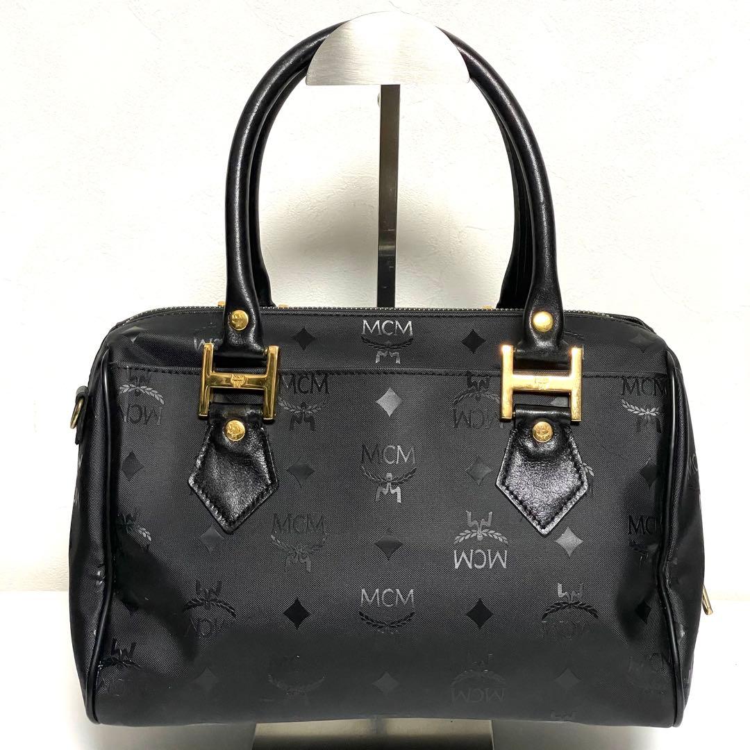 ✨極美品✨MCM エムシーエム PVC×レザー ミニボストンバッグ 斜め掛け 黒