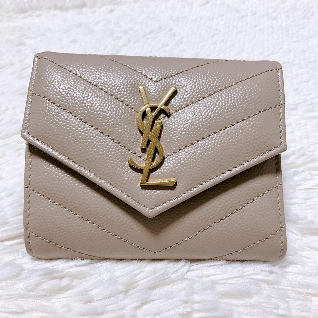 ♡付属品完備♡イヴサンローラン 三つ折り財布 YSL キャビアスキン ベージュ