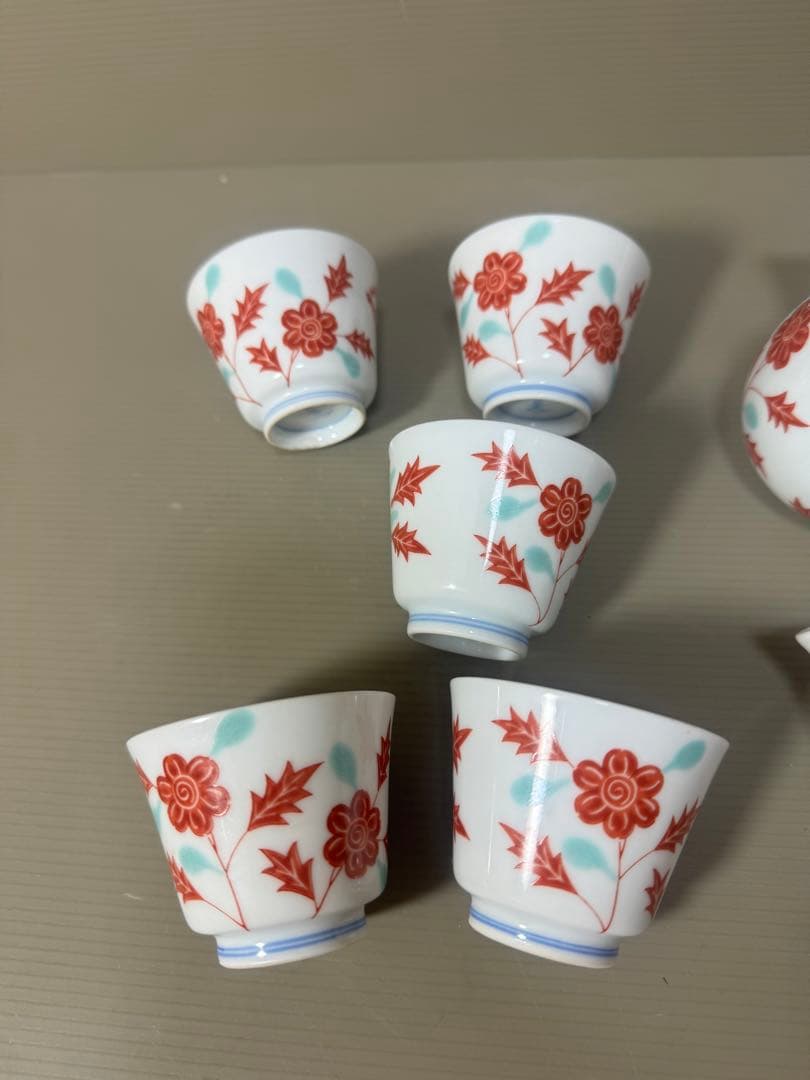 2171 深川製磁　赤絵花草　茶器セット　急須1客　湯冷し1客　湯呑5客