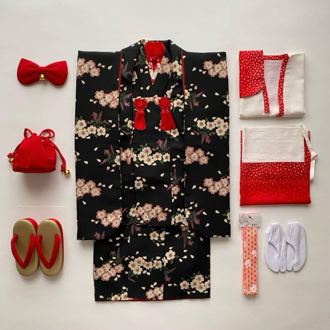 撫松庵　七五三　3歳女児　被布　三つ身着物10点セット　桜　折り鶴　黒地　753