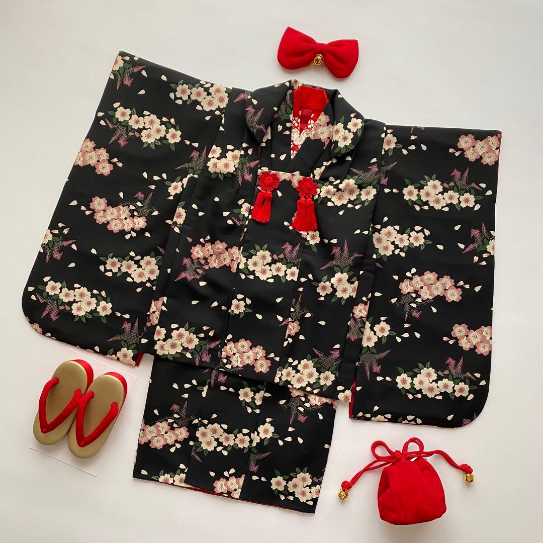 撫松庵　七五三　3歳女児　被布　三つ身着物10点セット　桜　折り鶴　黒地　753