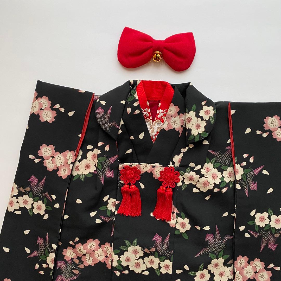 撫松庵　七五三　3歳女児　被布　三つ身着物10点セット　桜　折り鶴　黒地　753