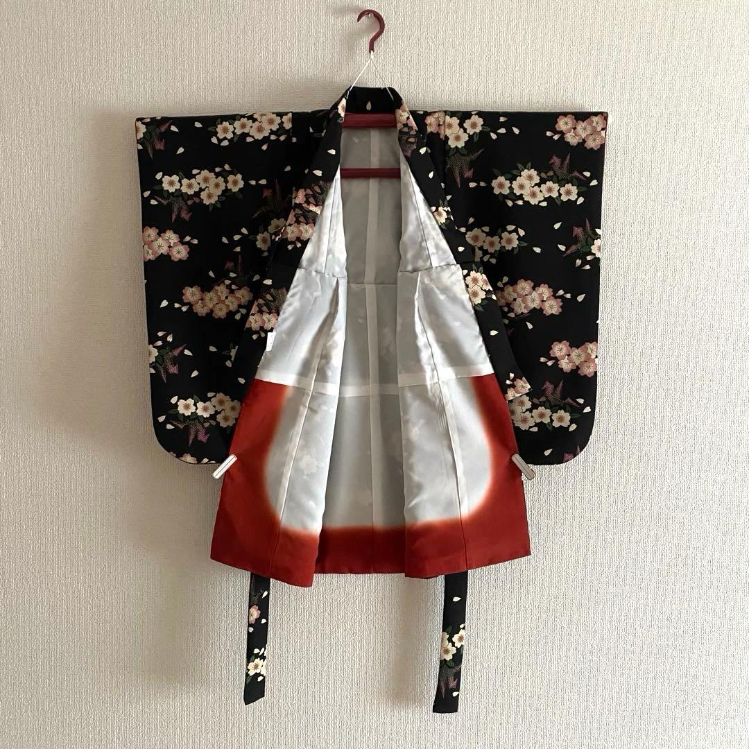 撫松庵　七五三　3歳女児　被布　三つ身着物10点セット　桜　折り鶴　黒地　753