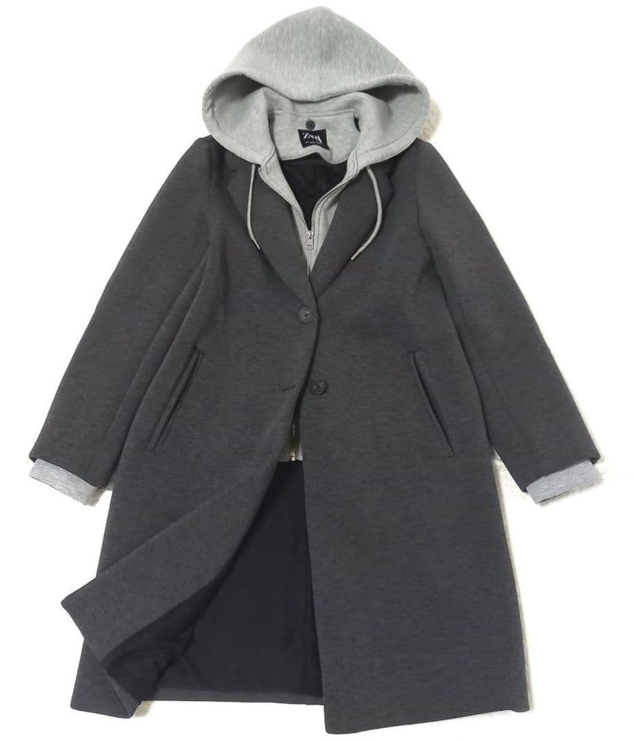 極美品　ZARA デタッチャブルフードコート ロング チェスター コントラストM