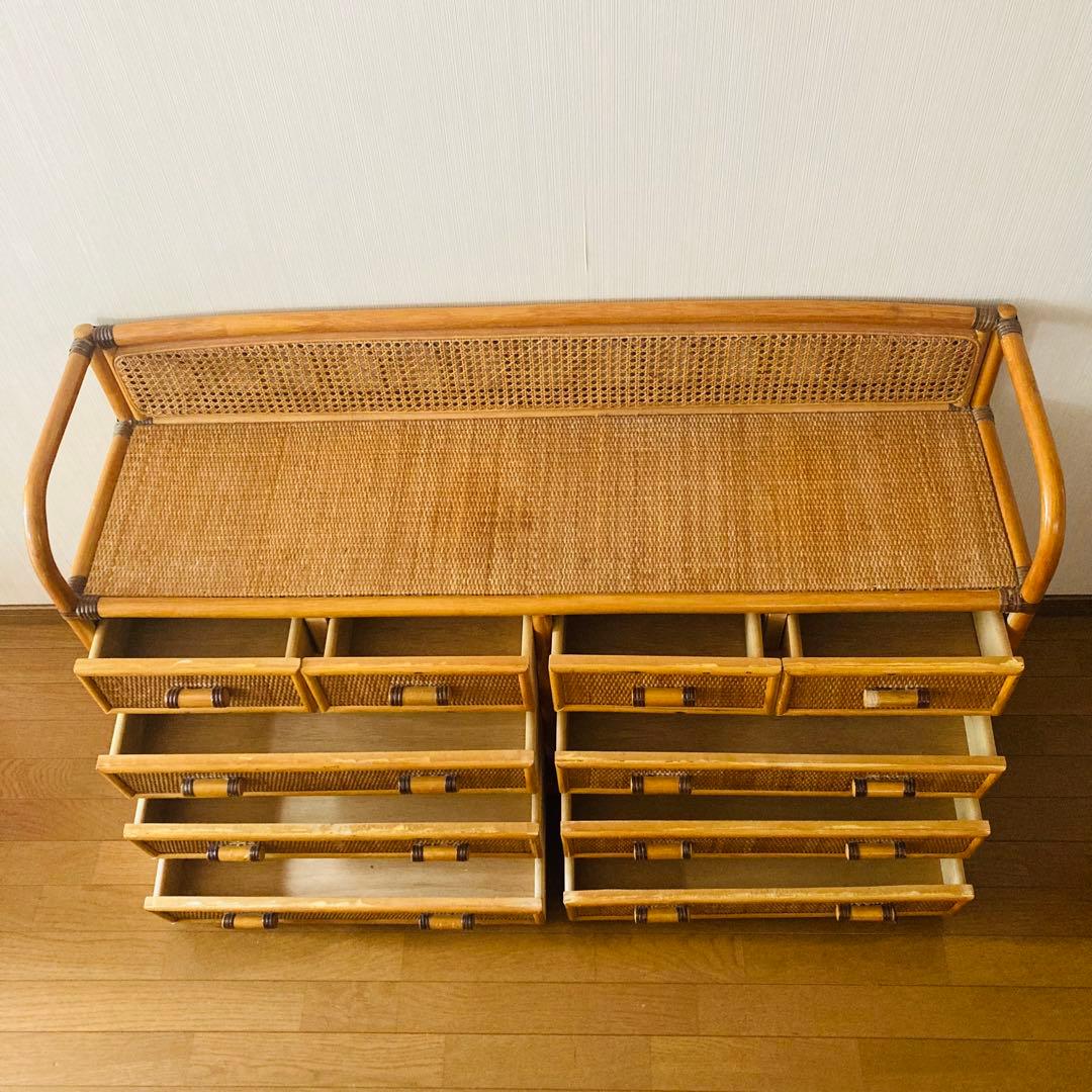 ヴィンテージ ラタン 籐 ワイド ローチェスト 棚 10杯 テレビ台 昭和レトロ