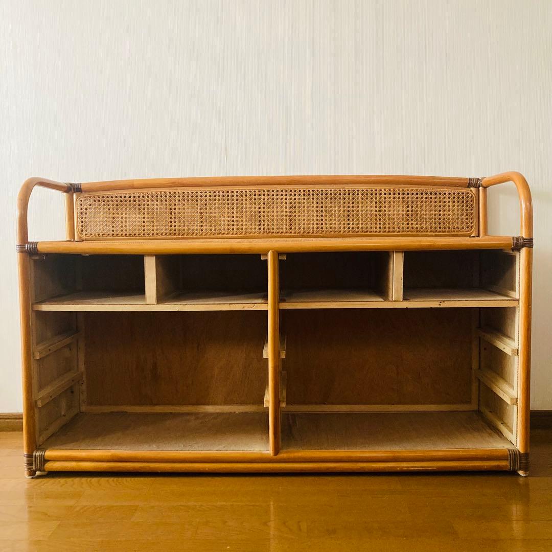 ヴィンテージ ラタン 籐 ワイド ローチェスト 棚 10杯 テレビ台 昭和レトロ