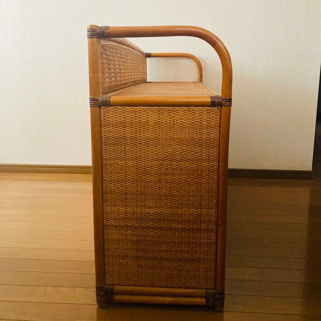 ヴィンテージ ラタン 籐 ワイド ローチェスト 棚 10杯 テレビ台 昭和レトロ