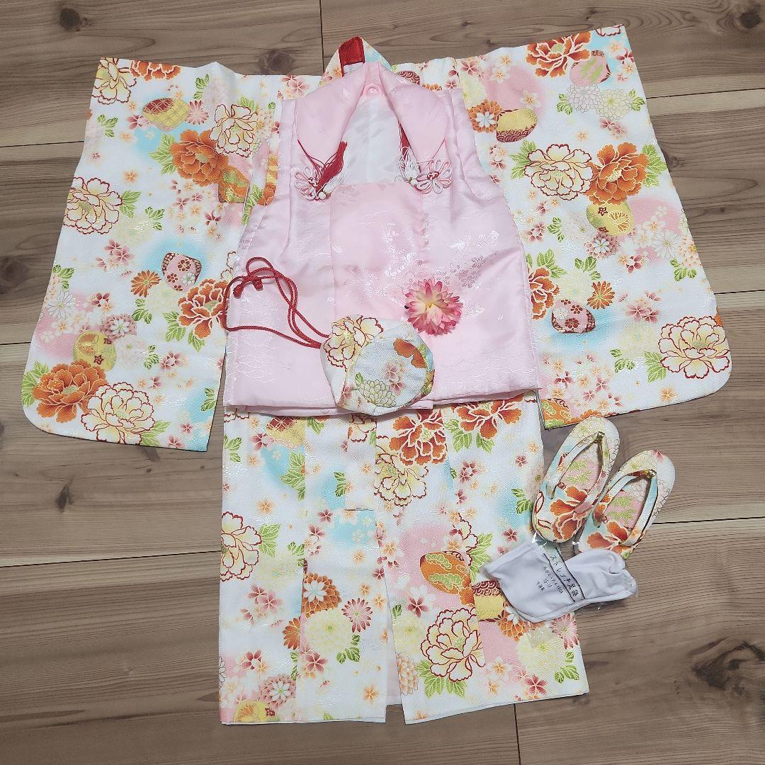 七五三　三歳　双子セット　ピンク花柄着物セット