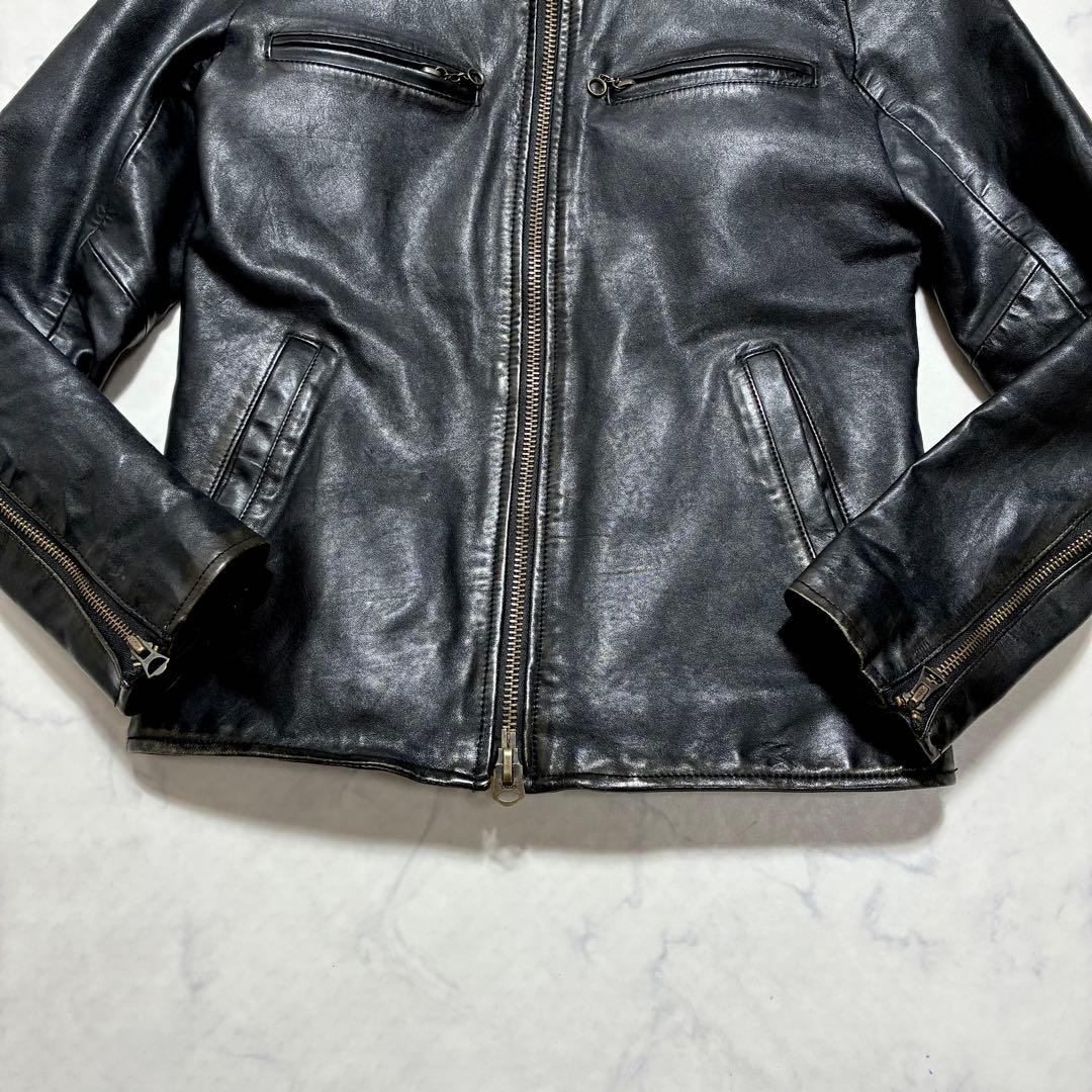 希少✨VINTAGE 馬革 ホースハイド シングルライダース チェック 黒 S