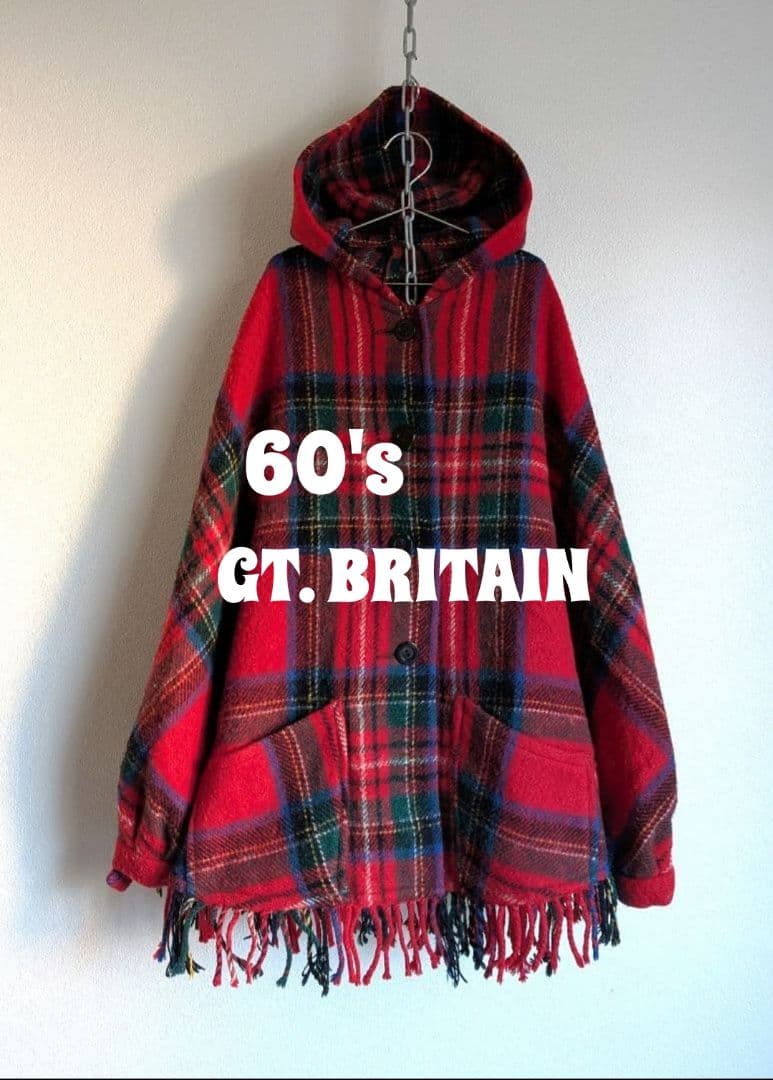 60's　70's　ヴィンテージ　タータンチェック　ケープジャケット　フード付き