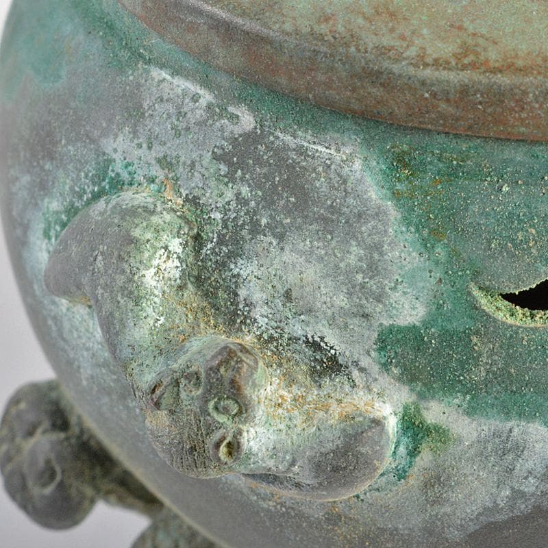 平安　秦蔵六造　青銅　鹿摘　霊芝三つ足香炉　共箱　M　R7402