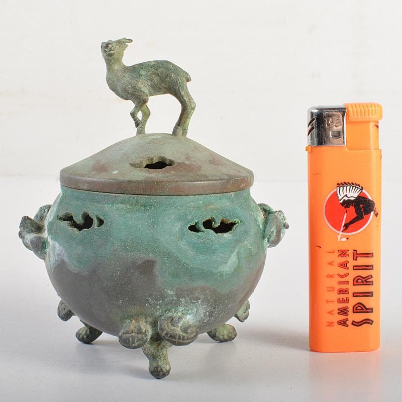 平安　秦蔵六造　青銅　鹿摘　霊芝三つ足香炉　共箱　M　R7402