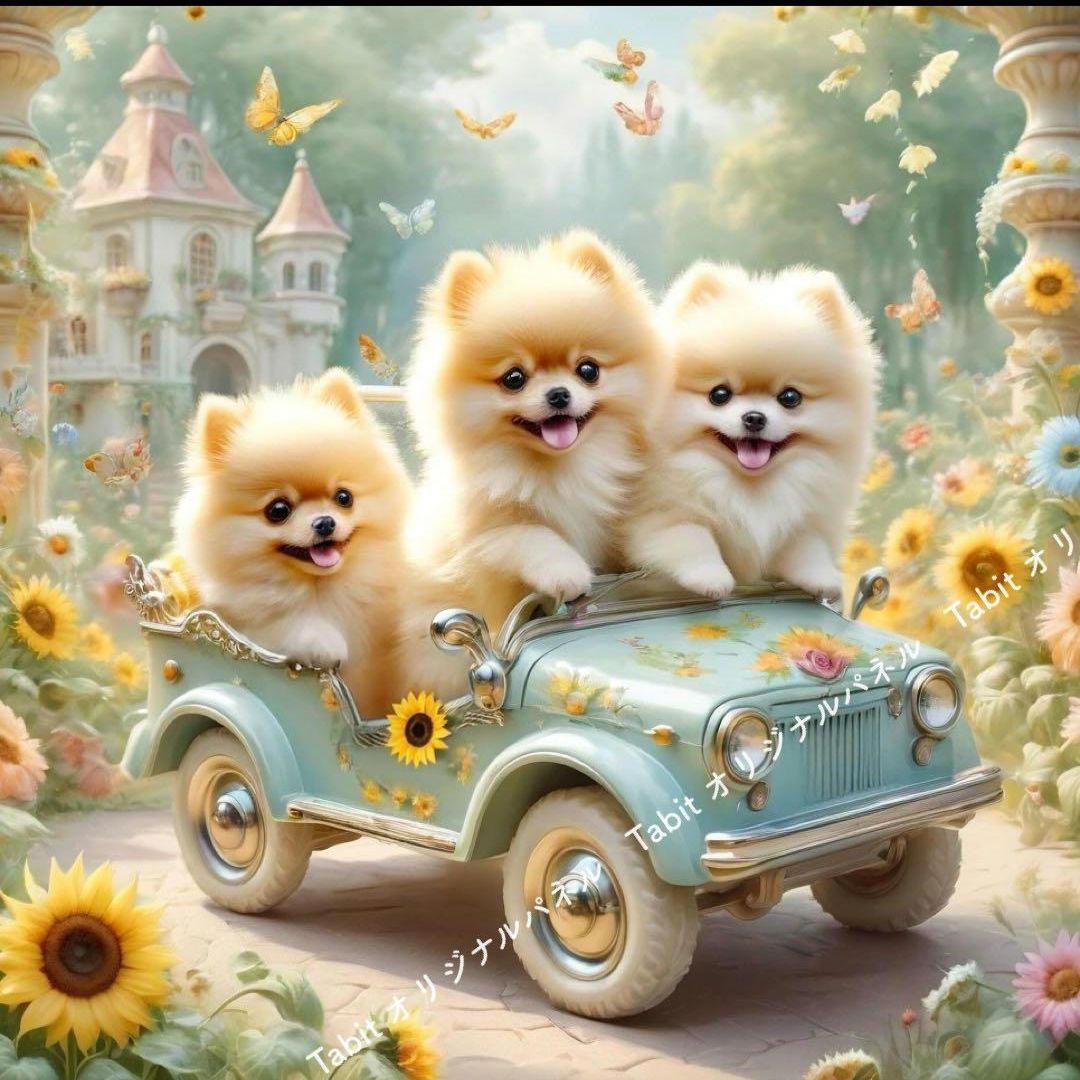 ひまわり畑のポメラニアンパネル生地　ハンドメイド