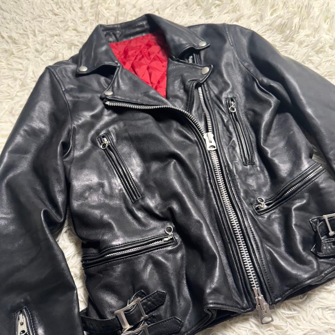 羊革 ダブルライダース 黒×赤 キルティング　y2k ロックテイスト　レディース