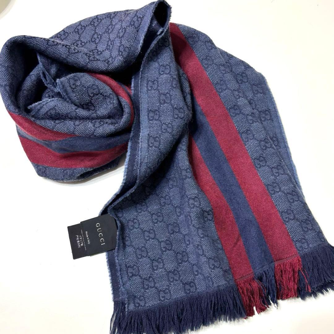 人気✨GUCCI グッチ GG柄 ネイビー レッド ストライプ マフラー