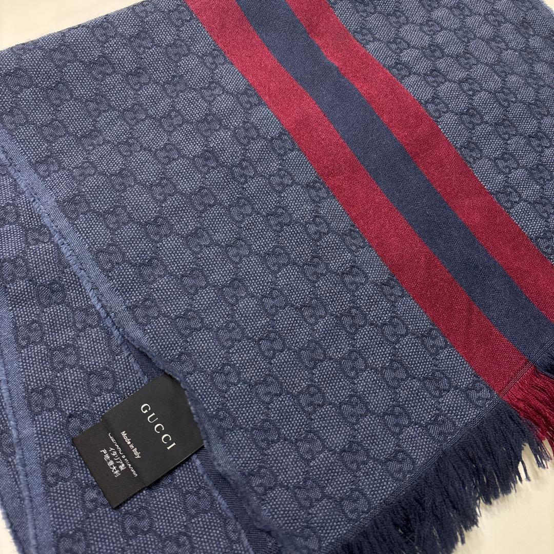 人気✨GUCCI グッチ GG柄 ネイビー レッド ストライプ マフラー