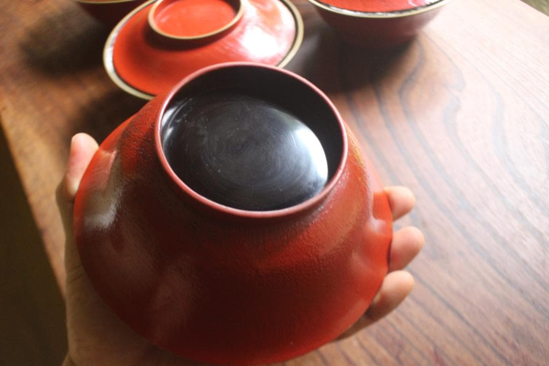 時代朱漆に内見返絵替わり草花蒔絵のお椀5点（検輪島塗蒔絵椀雑煮椀