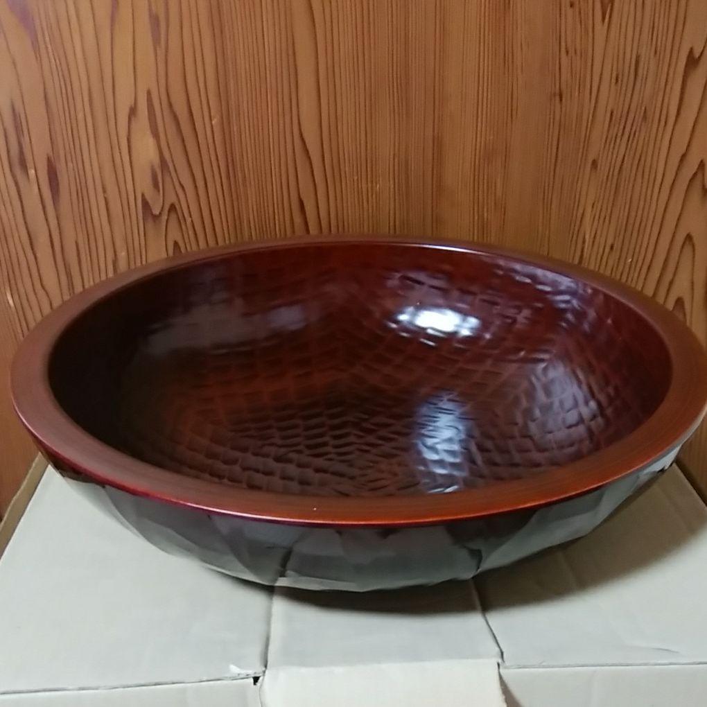 こね鉢尺2　栃こね鉢　くり抜き　ナタ目彫り　溜塗り　会津塗　高級漆器　木製　麺