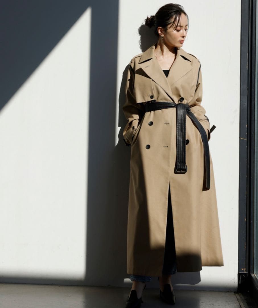 anuans ヴィーガンレザートリム2WAYトレンチコート