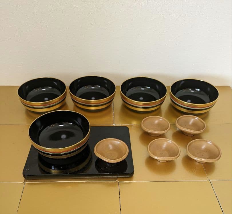 京焼清水焼　７世高橋道八　色絵独楽の図向付(5客)黄瀬戸釉小猪口(5客)　未使用