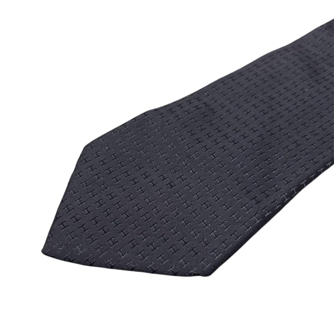 HERMES エルメス ネクタイ H織り Hロゴ 総柄　シルク ネイビー メンズ