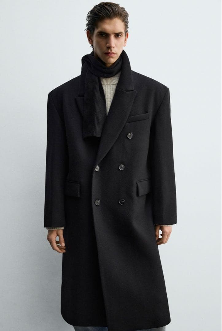 【未使用】ZARA ウール混オーバーサイズ ダブルブレストコート 黒 Mサイズ