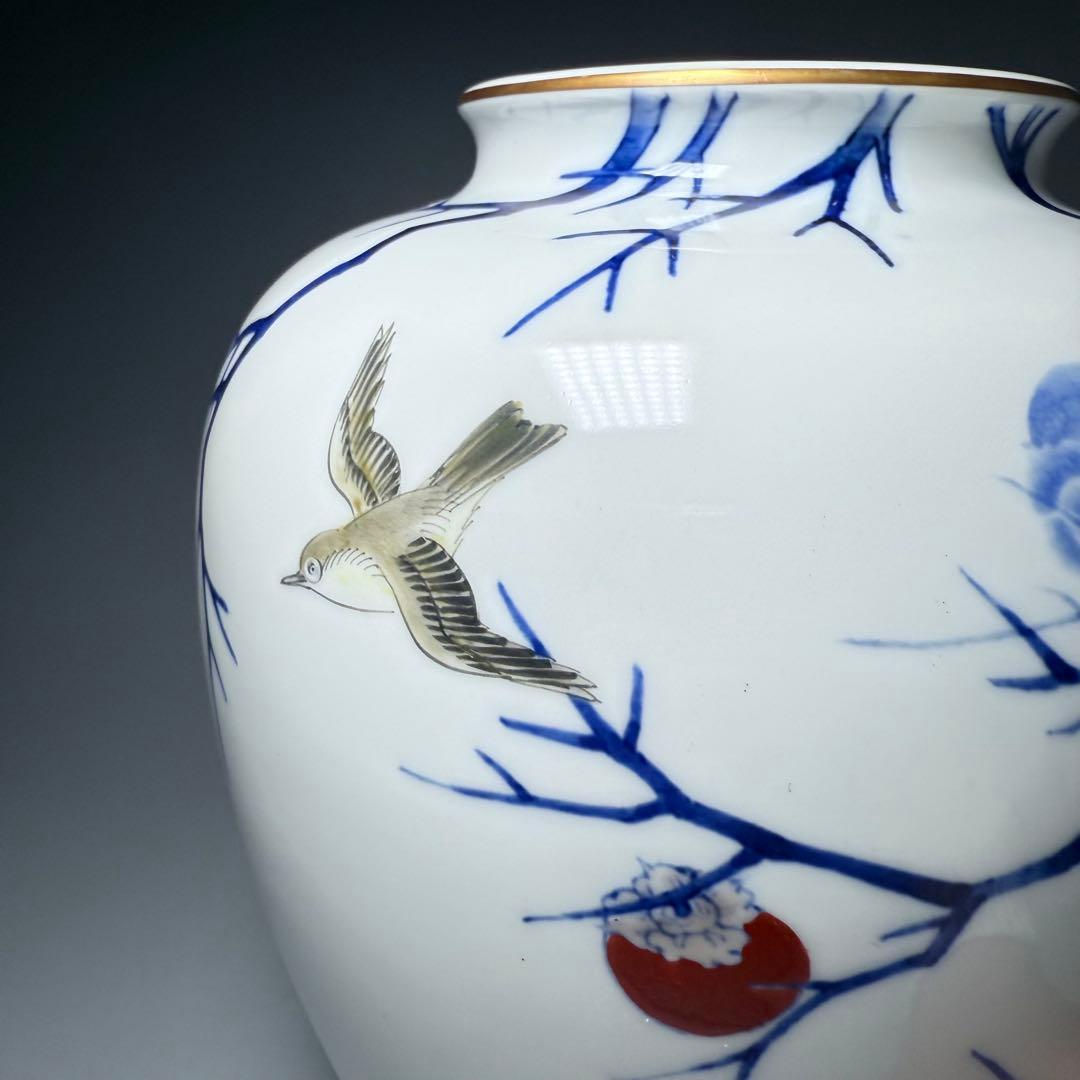 オールド深川製磁　錦手　柿鳥図花瓶　高さ24cm　オブジェ　インテリア