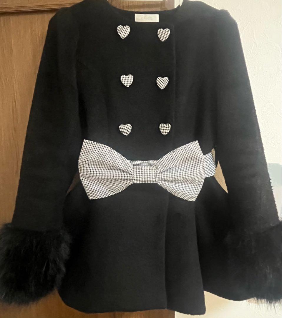 pium ピウム　ハートボタンリボンベルトシャギーコート　ブラックミックス