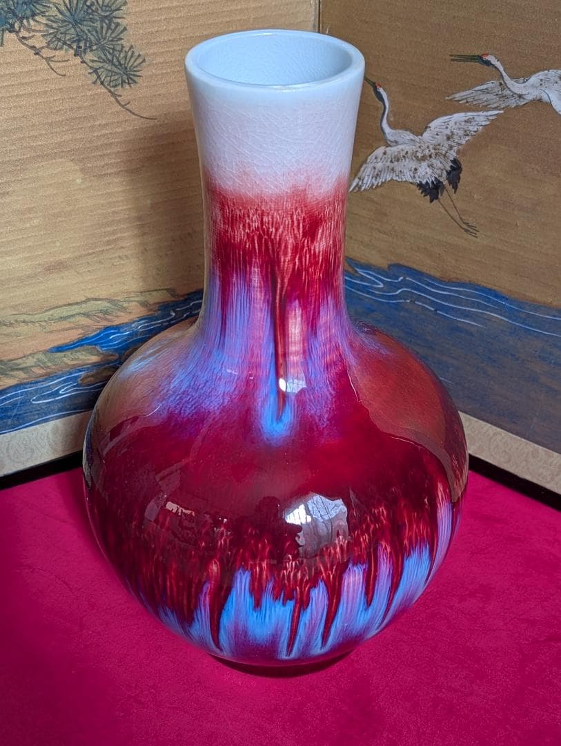 景徳鎮　窯変紅釉天球瓶　倣均窯　花瓶　箱入